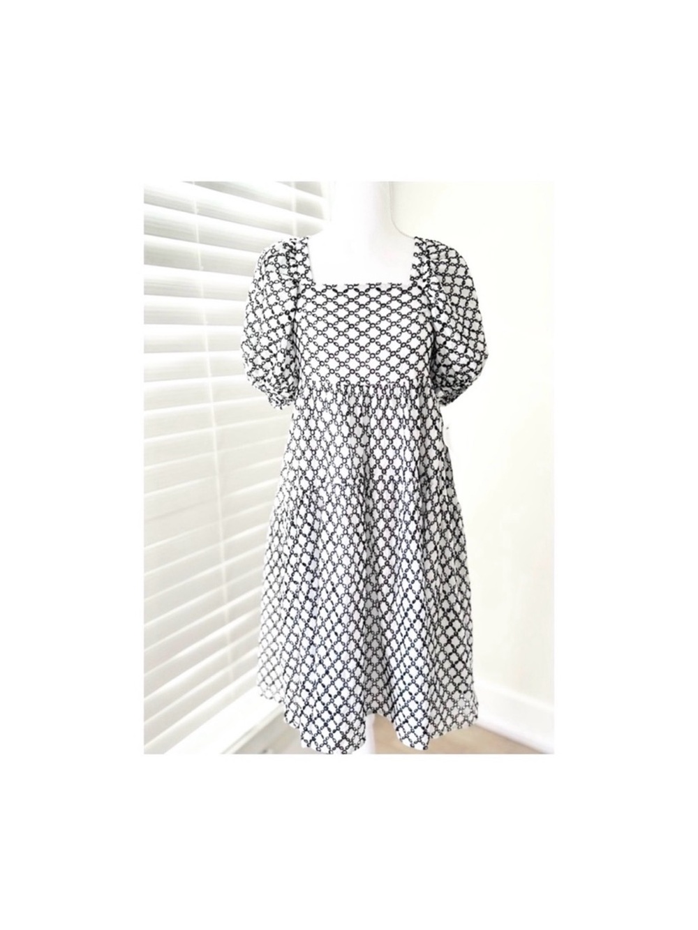 Topshop Black and White Puff-Sleeve Square-Neck Dress